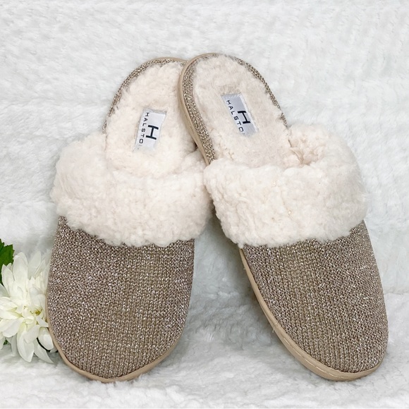 Halston Gold Metallic Sherpa Mule Slippers - Picture 1 of 8